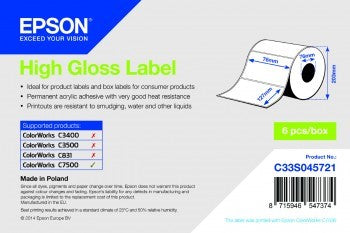 High Gloss Label - Die-cut Roll: 76mm x 127mm, 960 labels