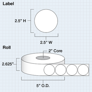 Poly White Gloss Labels, 2,5" circle (6,4 cm), 800 pcs per roll, 2" core