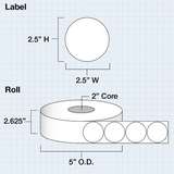 Poly White Gloss Labels, 2,5" circle (6,4 cm), 800 pcs per roll, 2" core