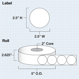 Paper High Gloss Label 2,5" (6,40 cm) Round; 800 labels per roll 2"core