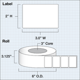Paper Matte Labels 3" x 2" (7,62 x 5,08 cm) 1250 labels per roll 3" core
