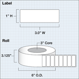 Paper High Gloss Label 3x1" (7,62 x 2,54 cm) 2375 labels per roll 3"core