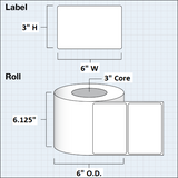 Paper High Gloss Label 6x3" (15,24 x 7,62 cm) 850 labels per roll 3"core