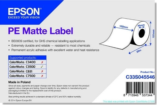 PE Matte Label - Continuous Roll: 102mm x 29m